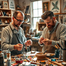 A cozy and artistic scene showing two friends, Pat and Mat, engaged in making exquisite jewelry in a well-lit workshop