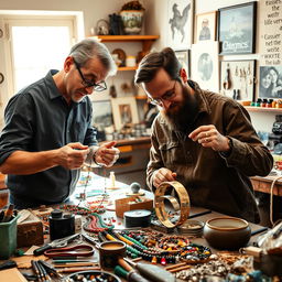 A cozy and artistic scene showing two friends, Pat and Mat, engaged in making exquisite jewelry in a well-lit workshop