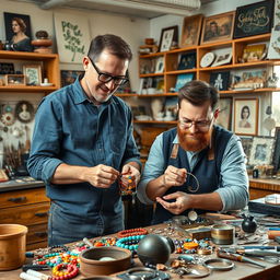 A cozy and artistic scene showing two friends, Pat and Mat, engaged in making exquisite jewelry in a well-lit workshop