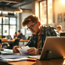 A hardworking individual passionately engaged in their work at a bustling office environment, surrounded by papers, a laptop, and a cup of coffee