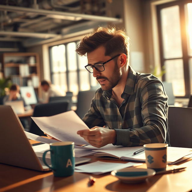 A hardworking individual passionately engaged in their work at a bustling office environment, surrounded by papers, a laptop, and a cup of coffee
