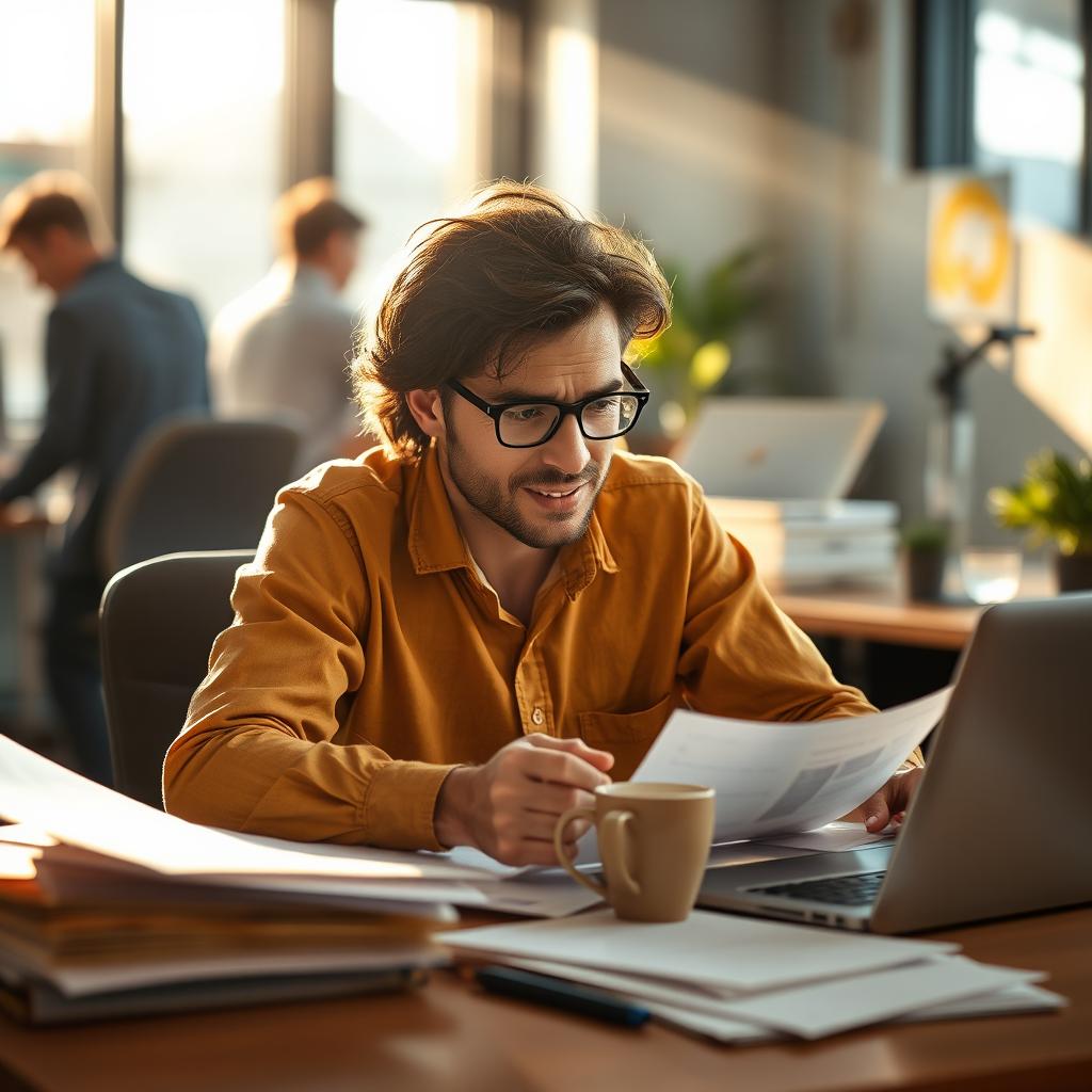 A hardworking individual passionately engaged in their work at a bustling office environment, surrounded by papers, a laptop, and a cup of coffee