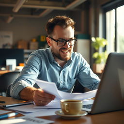 A hardworking individual passionately engaged in their work at a bustling office environment, surrounded by papers, a laptop, and a cup of coffee