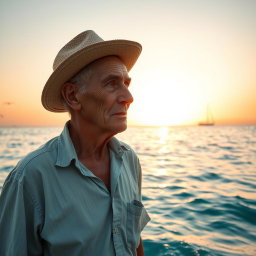 An old man standing in a calm sea, wearing a weathered straw hat and a faded, light blue shirt, looking thoughtfully out toward the horizon