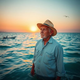 An old man standing in a calm sea, wearing a weathered straw hat and a faded, light blue shirt, looking thoughtfully out toward the horizon