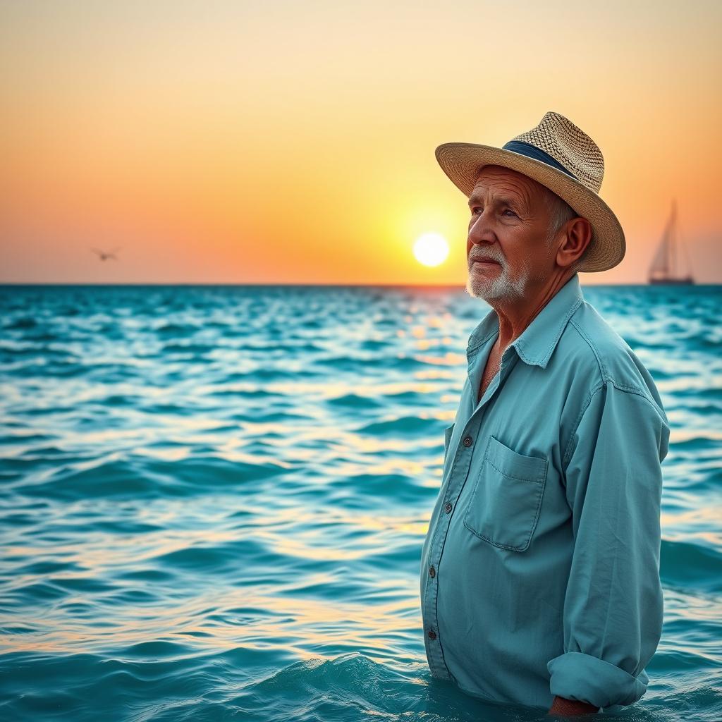 An old man standing in a calm sea, wearing a weathered straw hat and a faded, light blue shirt, looking thoughtfully out toward the horizon