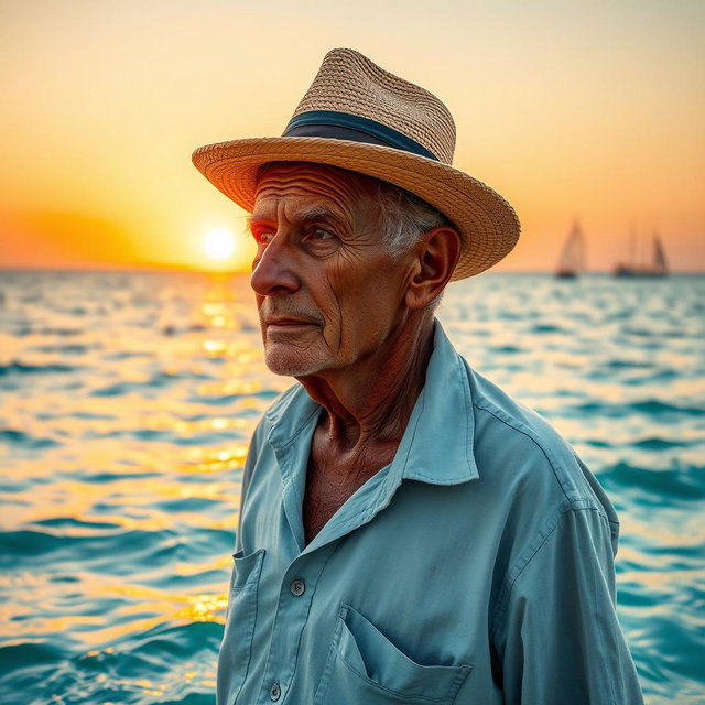 An old man standing in a calm sea, wearing a weathered straw hat and a faded, light blue shirt, looking thoughtfully out toward the horizon