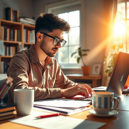 A determined individual working diligently at a desk, surrounded by paperwork, a laptop, and a cup of coffee