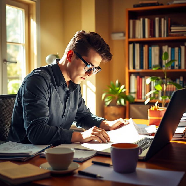 A determined individual working diligently at a desk, surrounded by paperwork, a laptop, and a cup of coffee