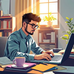 A determined individual working diligently at a desk, surrounded by paperwork, a laptop, and a cup of coffee
