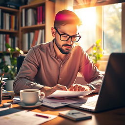 A determined individual working diligently at a desk, surrounded by paperwork, a laptop, and a cup of coffee