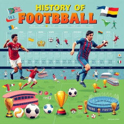 A vibrant and dynamic poster showcasing the history of football (soccer), featuring iconic players like Pelé, Diego Maradona, and Lionel Messi in action