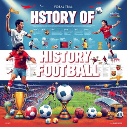 A vibrant and dynamic poster showcasing the history of football (soccer), featuring iconic players like Pelé, Diego Maradona, and Lionel Messi in action