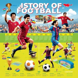 A vibrant and dynamic poster showcasing the history of football (soccer), featuring iconic players like Pelé, Diego Maradona, and Lionel Messi in action