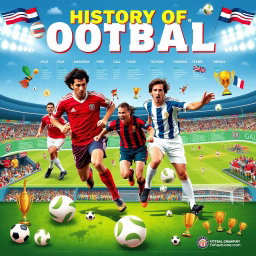 A vibrant and dynamic poster showcasing the history of football (soccer), featuring iconic players like Pelé, Diego Maradona, and Lionel Messi in action