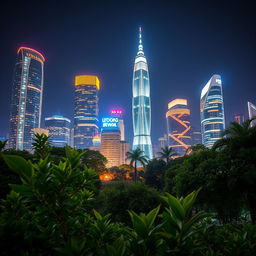 A vibrant cityscape at night with stunningly illuminated skyscrapers and lush greenery in the foreground
