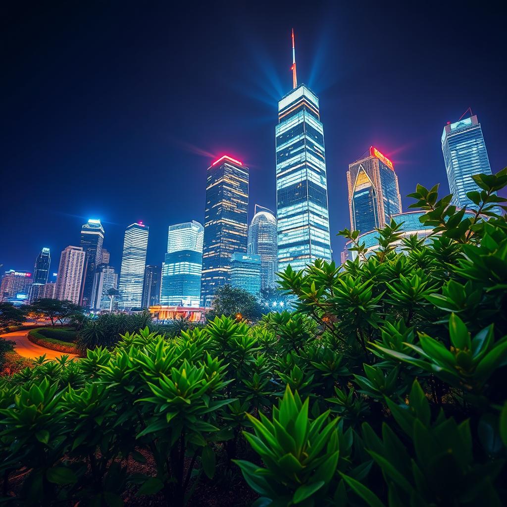 A vibrant cityscape at night with stunningly illuminated skyscrapers and lush greenery in the foreground