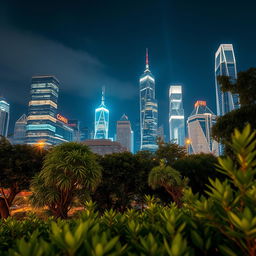 A vibrant cityscape at night with stunningly illuminated skyscrapers and lush greenery in the foreground