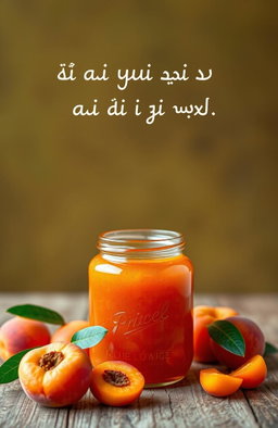 In the center of the image, a beautiful jar of amber jam is placed on a rustic wooden table, showcasing its glossy texture and vibrant color