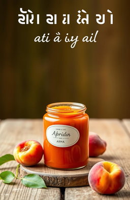 In the center of the image, a beautiful jar of amber jam is placed on a rustic wooden table, showcasing its glossy texture and vibrant color