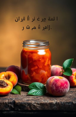 In the center of the image, a beautiful jar of amber jam is placed on a rustic wooden table, showcasing its glossy texture and vibrant color