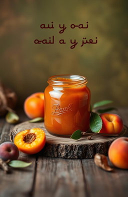 In the center of the image, a beautiful jar of amber jam is placed on a rustic wooden table, showcasing its glossy texture and vibrant color