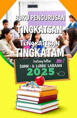 A beautifully designed cover for an educational book titled "Buku Pengurusan Tingkatan Enam SMK Labuan 2025", featuring vibrant and engaging visuals