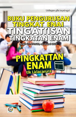 A beautifully designed cover for an educational book titled "Buku Pengurusan Tingkatan Enam SMK Labuan 2025", featuring vibrant and engaging visuals