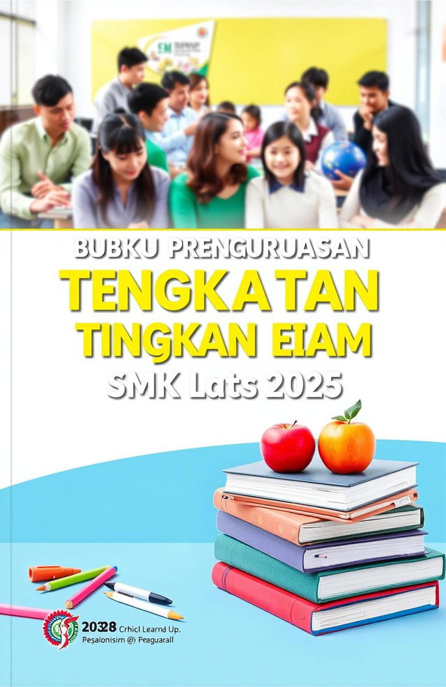 A beautifully designed cover for an educational book titled "Buku Pengurusan Tingkatan Enam SMK Labuan 2025", featuring vibrant and engaging visuals