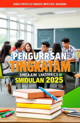 A beautifully designed cover for an educational book titled "Buku Pengurusan Tingkatan Enam SMK Labuan 2025", featuring vibrant and engaging visuals