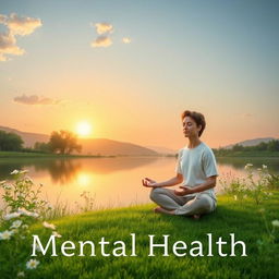 A serene and calming scene representing mental health, depicting a peaceful landscape with a person meditating near a tranquil lake surrounded by lush greenery and blooming flowers