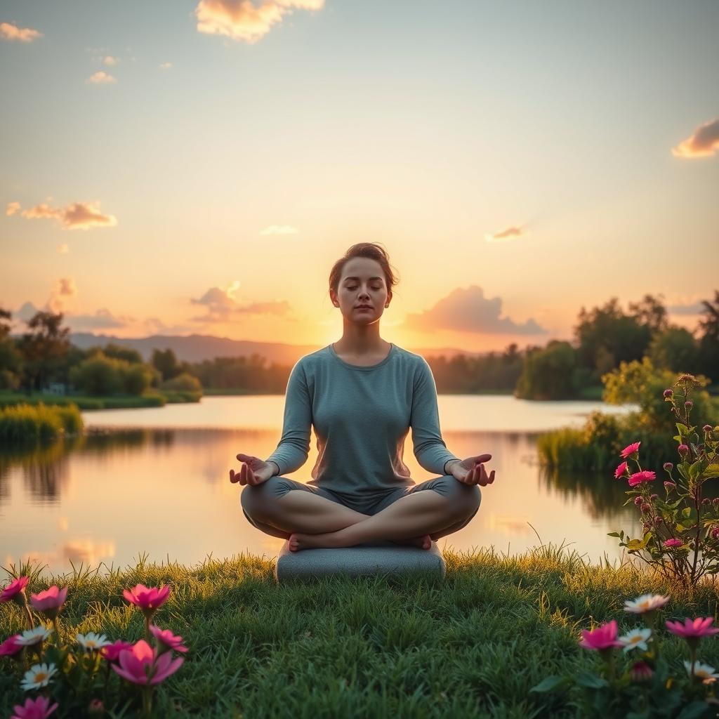 A serene and calming scene representing mental health, depicting a peaceful landscape with a person meditating near a tranquil lake surrounded by lush greenery and blooming flowers
