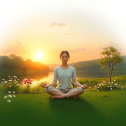 A serene and calming scene representing mental health, depicting a peaceful landscape with a person meditating near a tranquil lake surrounded by lush greenery and blooming flowers