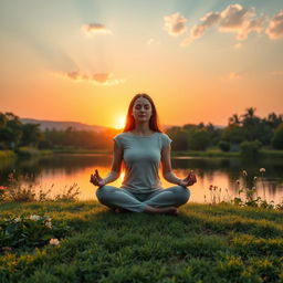 A serene and calming scene representing mental health, depicting a peaceful landscape with a person meditating near a tranquil lake surrounded by lush greenery and blooming flowers