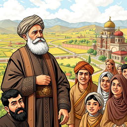 A historical depiction of Mirza Taqi Khan Amir Kabir, a prominent figure in 19th century Iran, actively working to improve the country