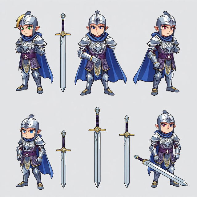 A detailed idle sprite sheet featuring a fantasy knight character, with distinct frames showing various idle animations