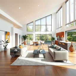A beautiful interior rendering of a modern house featuring an open floor plan