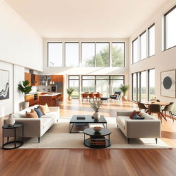 A beautiful interior rendering of a modern house featuring an open floor plan