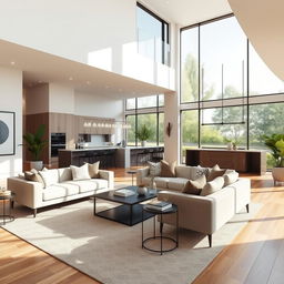 A beautiful interior rendering of a modern house featuring an open floor plan