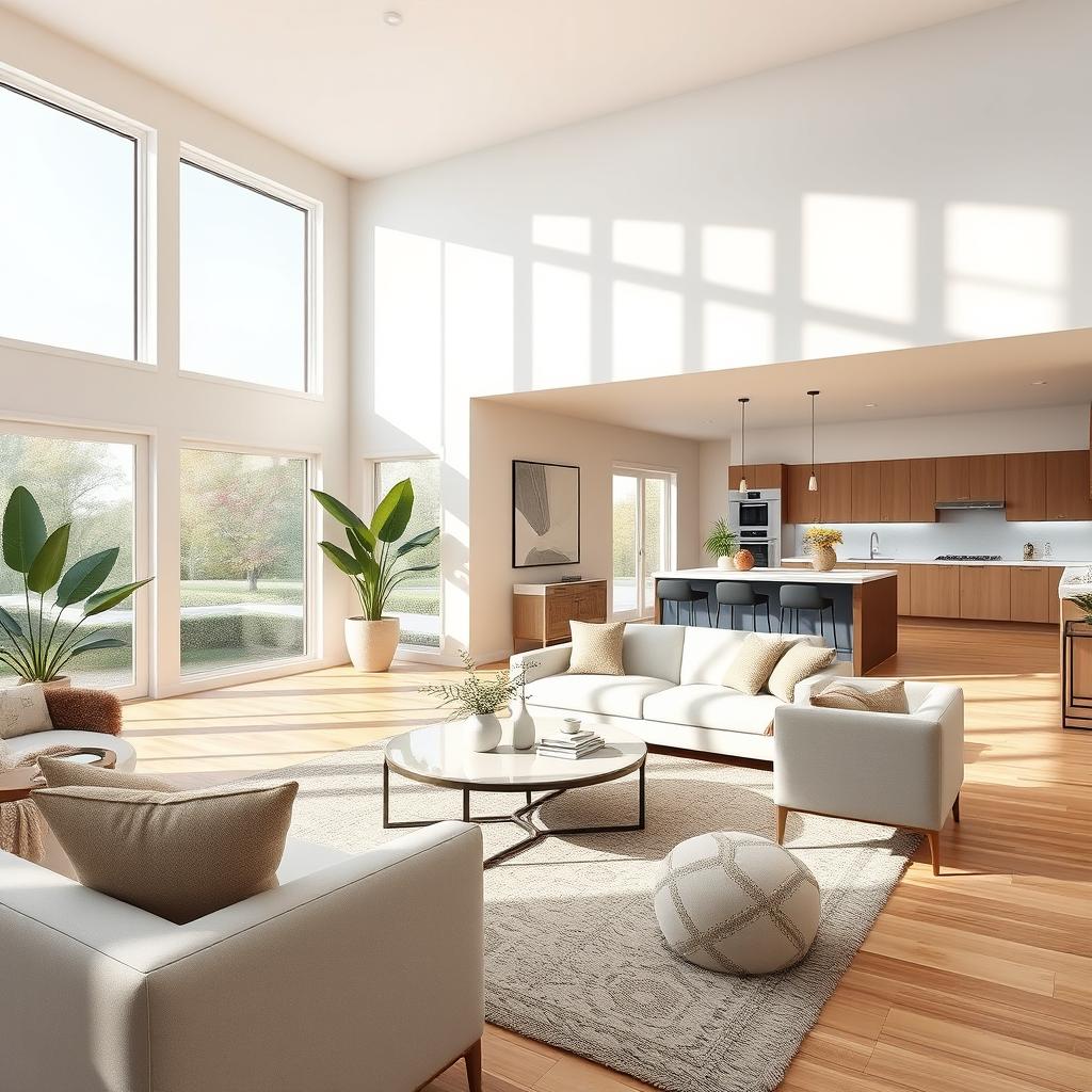 A beautiful interior rendering of a modern house featuring an open floor plan