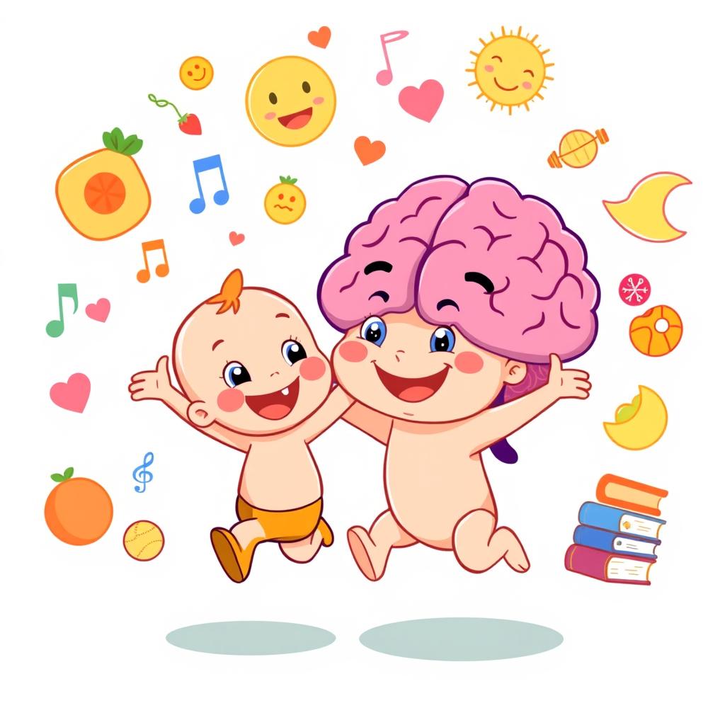 A cheerful baby cartoon character joyfully running towards a smiling cartoon brain, arms wide open for a hug