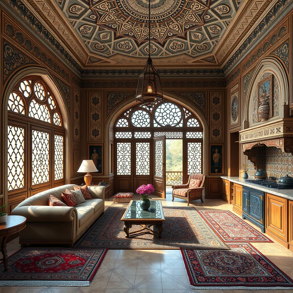 A captivating interior rendering of a traditional Iranian house featuring intricate Persian architecture