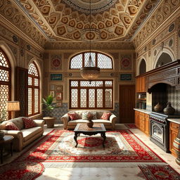A captivating interior rendering of a traditional Iranian house featuring intricate Persian architecture