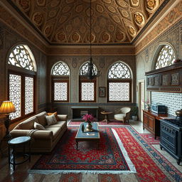 A captivating interior rendering of a traditional Iranian house featuring intricate Persian architecture