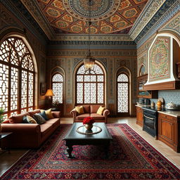 A captivating interior rendering of a traditional Iranian house featuring intricate Persian architecture
