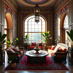 A beautifully designed interior render of a traditional Iranian house, featuring intricate Persian architecture, colorful tiled walls, and elegant arched doorways