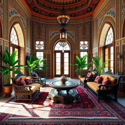 A beautifully designed interior render of a traditional Iranian house, featuring intricate Persian architecture, colorful tiled walls, and elegant arched doorways