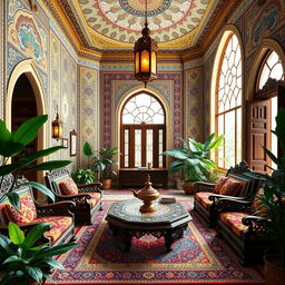 A beautifully designed interior render of a traditional Iranian house, featuring intricate Persian architecture, colorful tiled walls, and elegant arched doorways