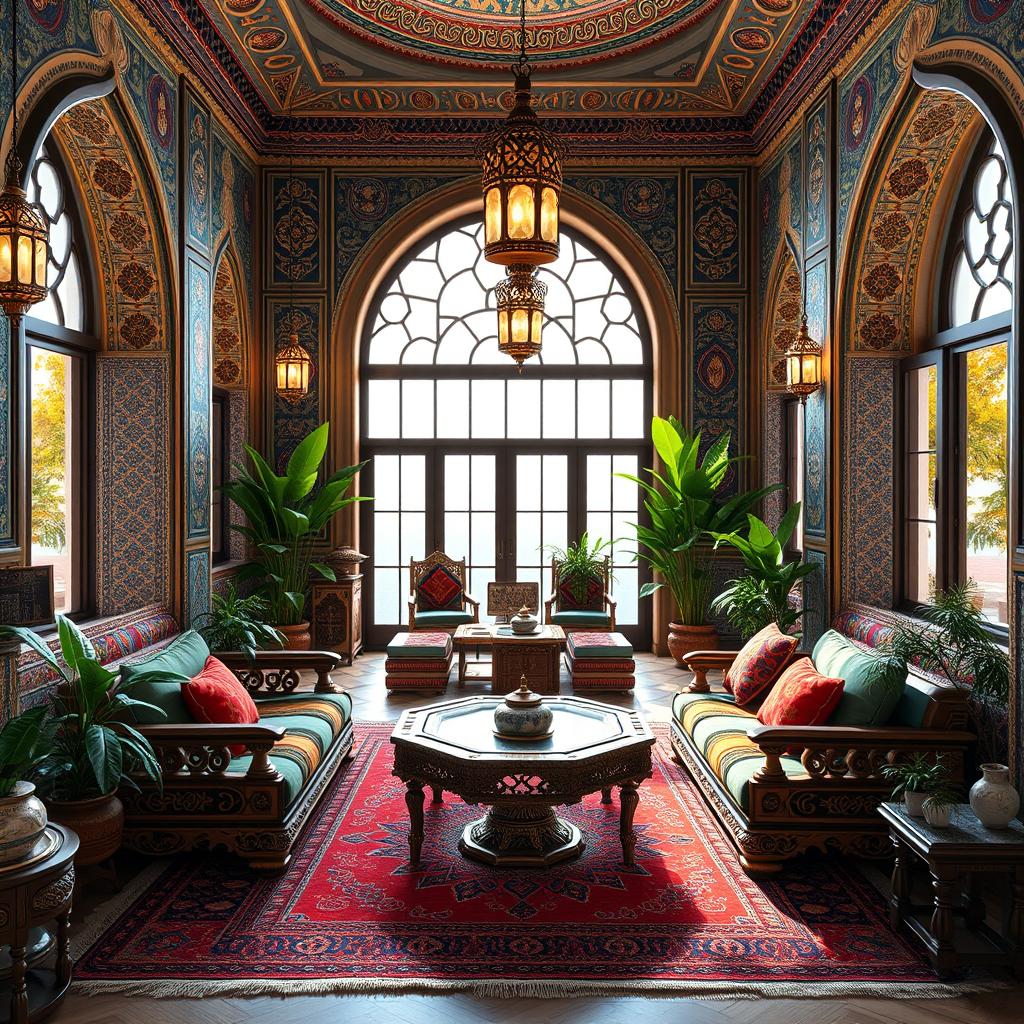 A beautifully designed interior render of a traditional Iranian house, featuring intricate Persian architecture, colorful tiled walls, and elegant arched doorways