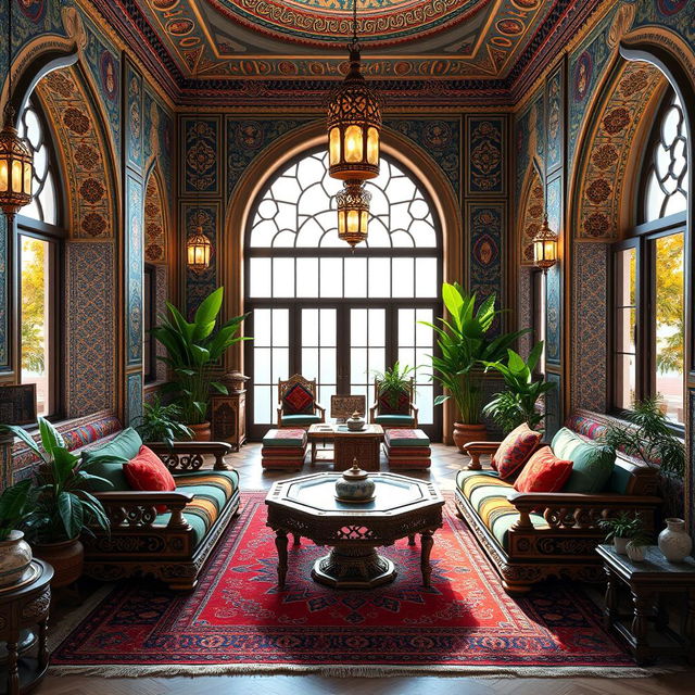 A beautifully designed interior render of a traditional Iranian house, featuring intricate Persian architecture, colorful tiled walls, and elegant arched doorways